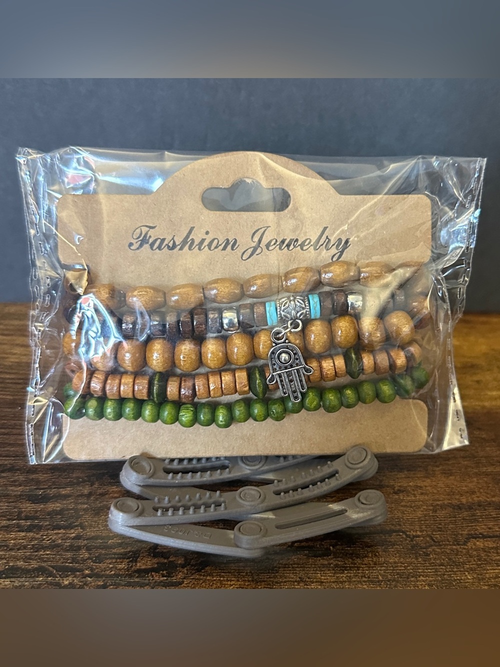 Boho Hamsa Charm Layered Wood Bead Bracelet Set - Green & Brown